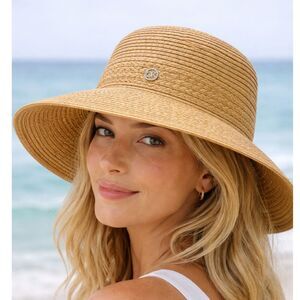 Calvin Klein Wide Brim Straw Sun Hat Tan Floppy Summer Beach Vacation Hat